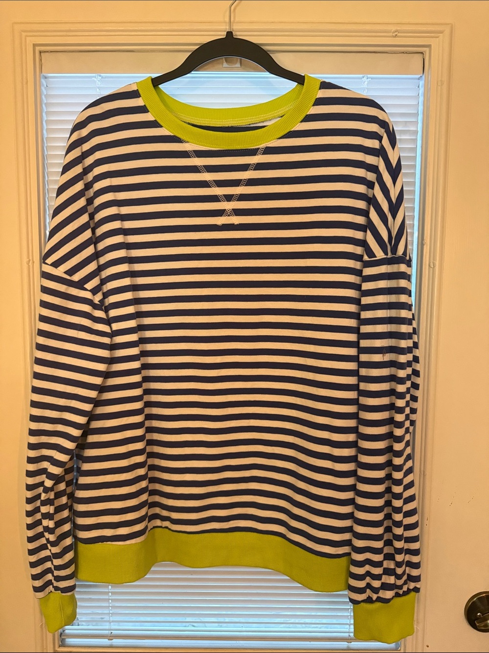 Source Unknown Royal Blue and White Striped Long Sleeve Tee with Lime Trim